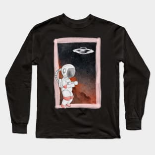 Floating astronaut Ufo alien abduction funny cute spaceship moon mars cosmic space Long Sleeve T-Shirt